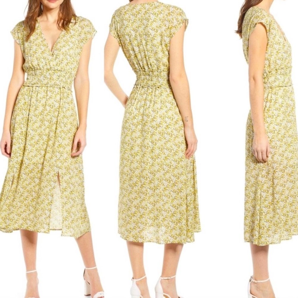 WAYF NWT women’s Yellow floral faux wrap empire waist ditsy Midi Dress v -neck L
